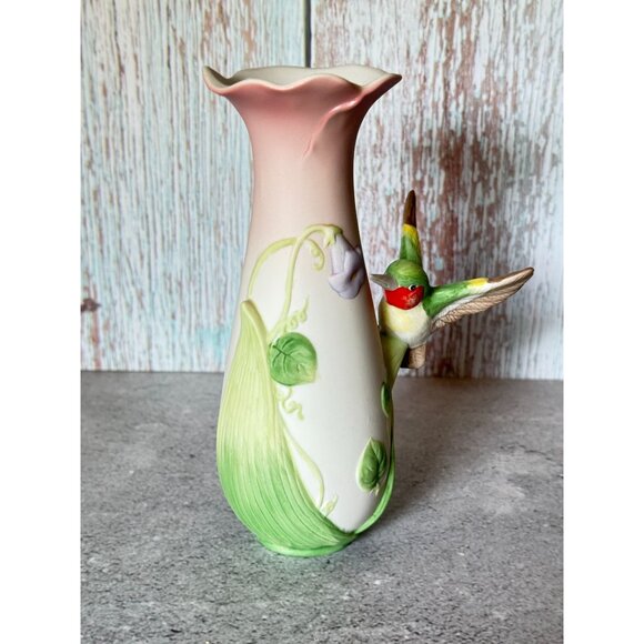 Vintage Enesco Ceramic Vase With Hummingbird & Morning Glory Flowers 6.25" - Picture 7 of 8